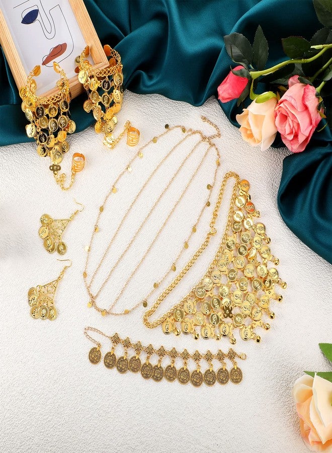 Inbagi Belly Dance Jewelry Set Women Belly Dance Gold Sequins Head Chain Coins Necklace Earrings Bracelets Bohemian Tassel Anklet Chain Hand Ring Bracelet Anklet Coin Veil Necklace - Image 4
