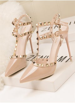 Eloshman 10cm Lacquer Leather Metal Rivet High Heel Sandals Light Beige  - Image 1