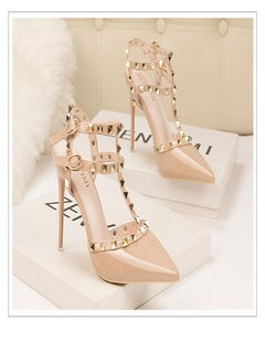 Eloshman 10cm Lacquer Leather Metal Rivet High Heel Sandals Light Beige  - Image 2