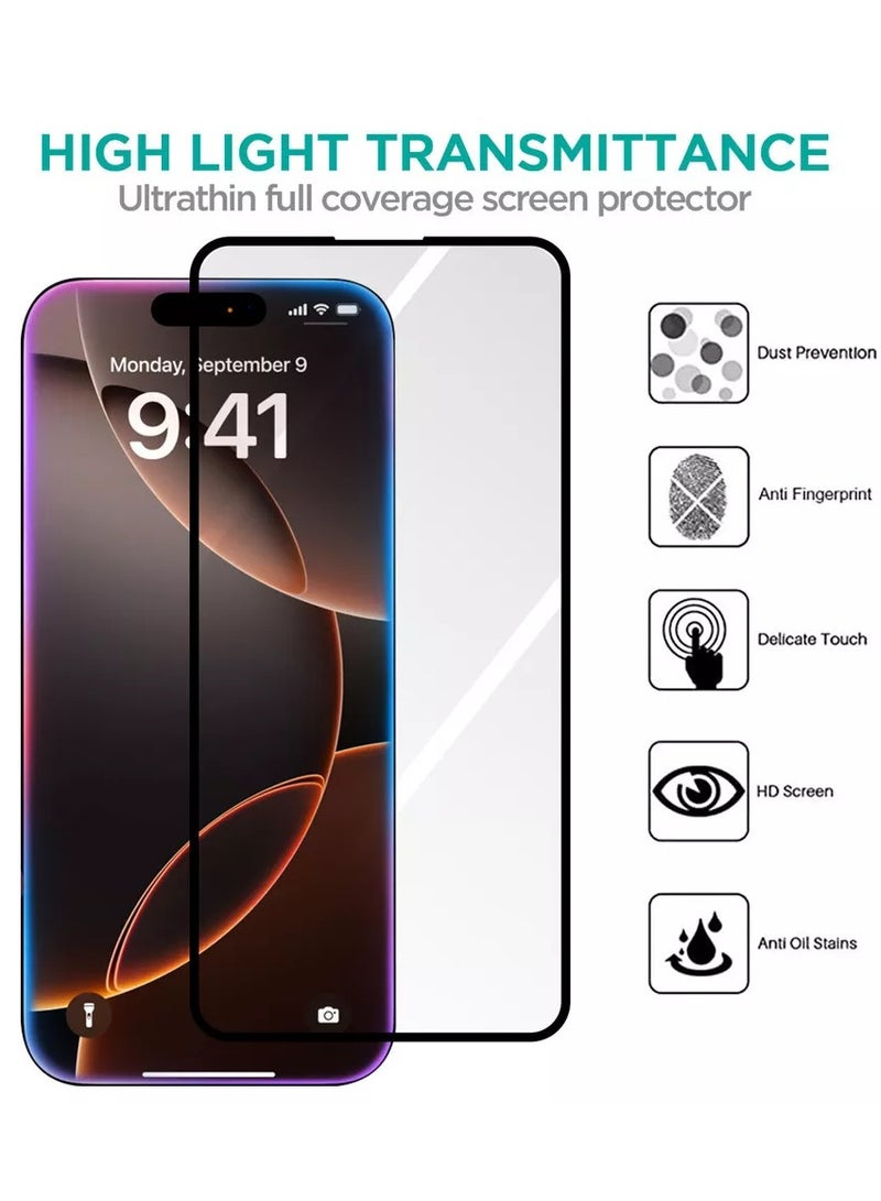 دوسالا حماية شاشة آيفون 16 برو 2 حزمة، 6.30 بوصة، زجاج مقسّى عالي الدقة، مقاوم للخدوش، مضاد لبصمات الأصابع، خالٍ من الفقاعات، متوافق مع الكسيات، فيلم زجاج مقسّى 9H، إطار سهل التركيب - أسود - Image 2