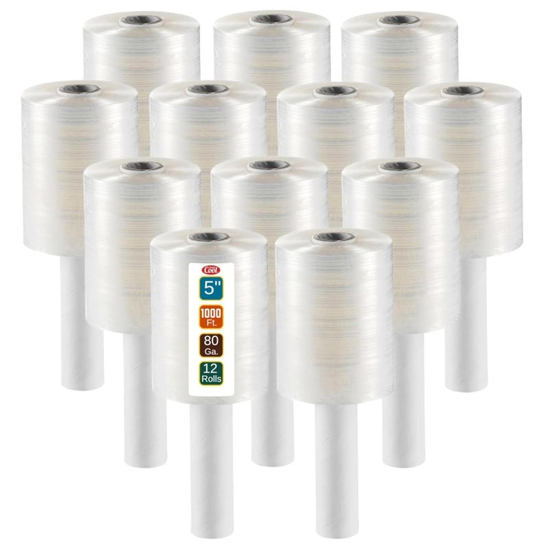 Simply Cool 12 Pack Industrial Strength Mini Hand Stretch Wrap 5" 1000 Ft Roll 80 Gauge Thick, Shrink Wrap Roll for Moving Supplies, Furniture, Pallets, Plastic Wrap for Packing, Heavy Duty Stretch Film - Image 1