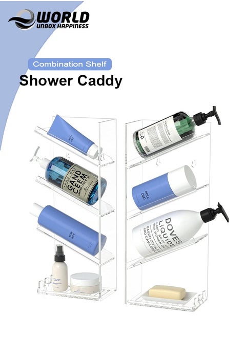 Acrylic Bathroom Shower Caddy Organizer, Clear Wall-Mounted Shampoo Holder with Suction Cup, Rustproof, Sturdy and Durable, Featuring Combination Shelf, Sloping Shelf Design, and Fast Drainage