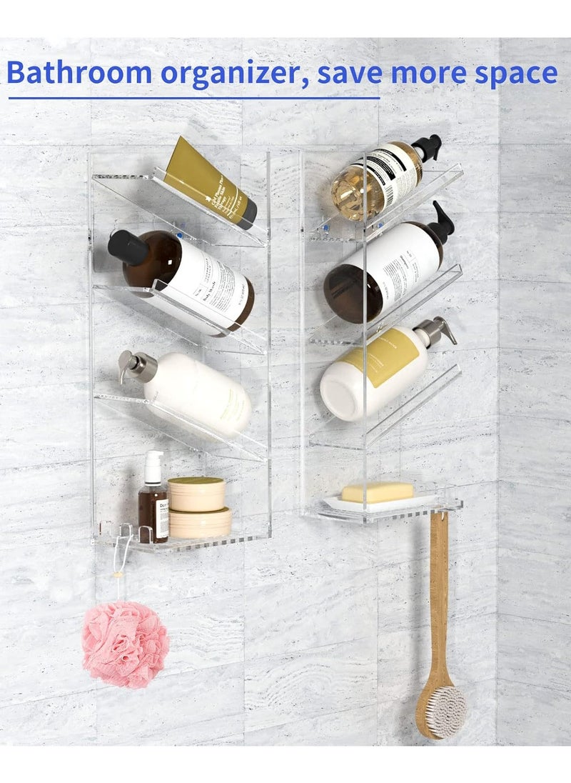 Acrylic Bathroom Shower Caddy Organizer, Clear Wall-Mounted Shampoo Holder with Suction Cup, Rustproof, Sturdy and Durable, Featuring Combination Shelf, Sloping Shelf Design, and Fast Drainage