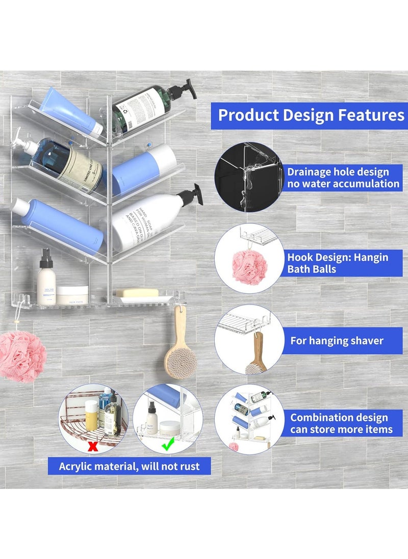 Acrylic Bathroom Shower Caddy Organizer, Clear Wall-Mounted Shampoo Holder with Suction Cup, Rustproof, Sturdy and Durable, Featuring Combination Shelf, Sloping Shelf Design, and Fast Drainage