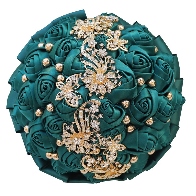 WIFELAI-A WIFELAIA Golden Rhinestone Brooch Wedding Flowers Bridal Bouquets Crystal Bride Holding Bouquet White Ivory Satin Roses with Diamond 