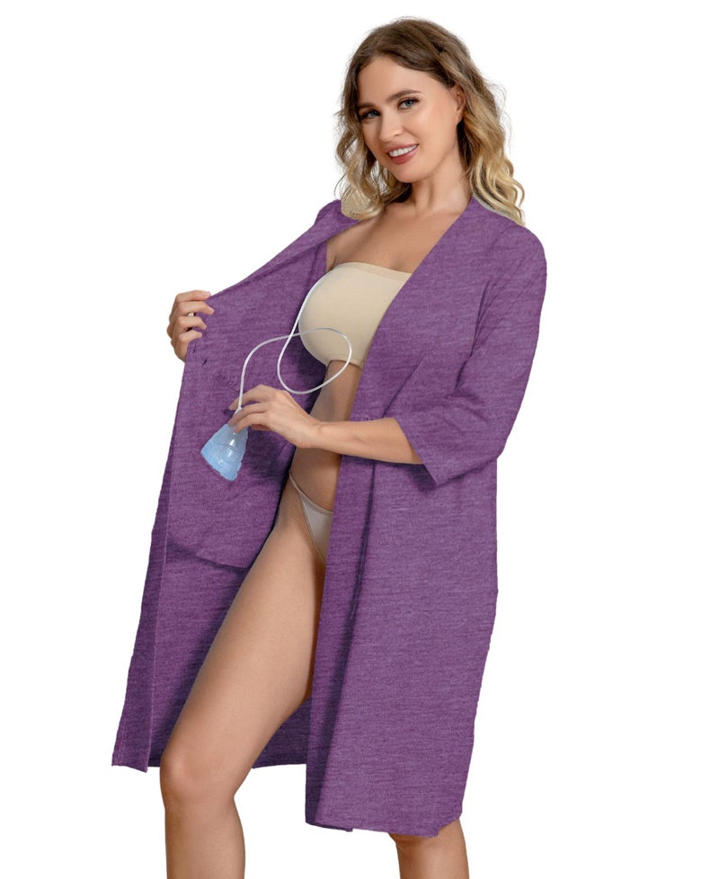 Meuponc Mastectomy Robe with 4 Drain Pockets for Womens Hospital Night Gown Post Surgery Recovery 3/4 Sleeves Dress Breast Cancer Patient Sleepwear Pajama Shirts - Image 1