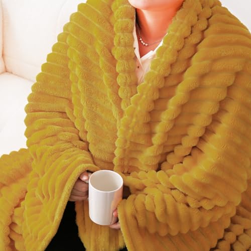 Linecooo Mustard Yellow Fleece Throw Blanket 50”×60” for Couch Sofa Bed,Super Soft Cozy Plush Microfiber Flannel Blanket with Stripes Design Lightweight for Adults,Woman,Girls - Image 3