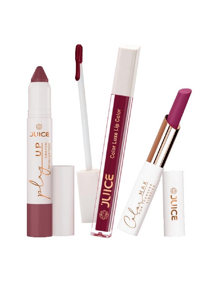 Juice Long Lasting, 3pc Lipstick Combo Set For Women(Stay-On Spice-MCR05 Lip Crayon, Flirty Berry-M15 Liquid Lipstick, Peony Party-M05 Slim Stick) - Image 1