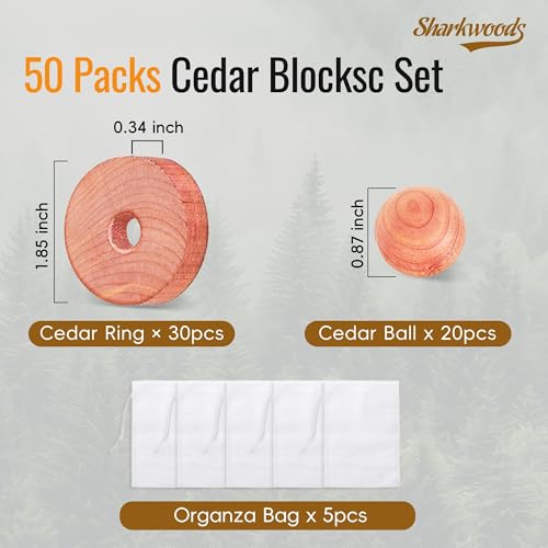 SHARKWOODS Cedar Blocks for Clothes Storage 50 Pack - 100% Natural Aromatic Cedar Rings and Balls for Closets & Drawers Freshener (30 Rings & 20 Balls) - Image 2