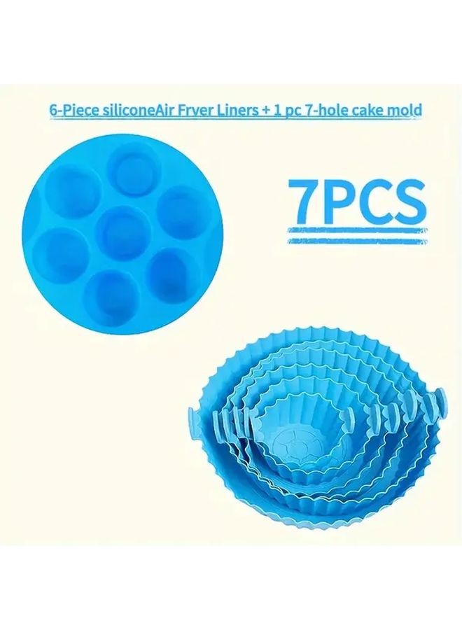 Blue 7pcs Silicone Air Fryer Liners Set With Cake Mold Non Stick Heat Resistant - Image 1