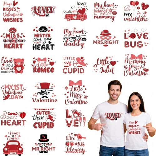 TaoBary 24 Sheets Valentines Heat Transfer Patches Washable Valentine‘s Day Iron on Stickers Heart Lip Cupid Decals Iron on Transfers for Men Women Couple DIY Shirt Jeans Bag Pillow Hoodies Clothing - Image 1
