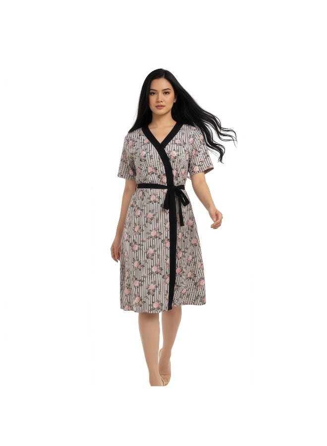 جوانا طقم نوم نسائي مكون من قطعتين بتصميم زهور، روب بنصف كم مع توب حمالات وحزام خصر قابل للإزالة - وردي فاتح - Image 2