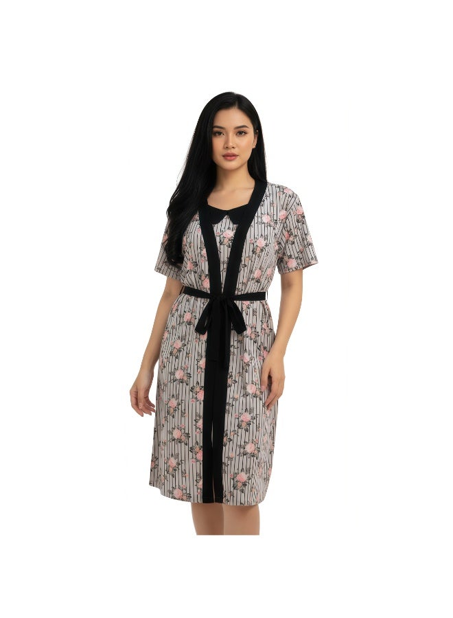 جوانا طقم نوم نسائي مكون من قطعتين بتصميم زهور، روب بنصف كم مع توب حمالات وحزام خصر قابل للإزالة - وردي فاتح - Image 1