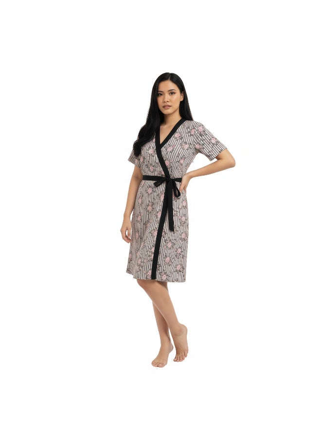 جوانا طقم نوم نسائي مكون من قطعتين بتصميم زهور، روب بنصف كم مع توب حمالات وحزام خصر قابل للإزالة - وردي فاتح - Image 3