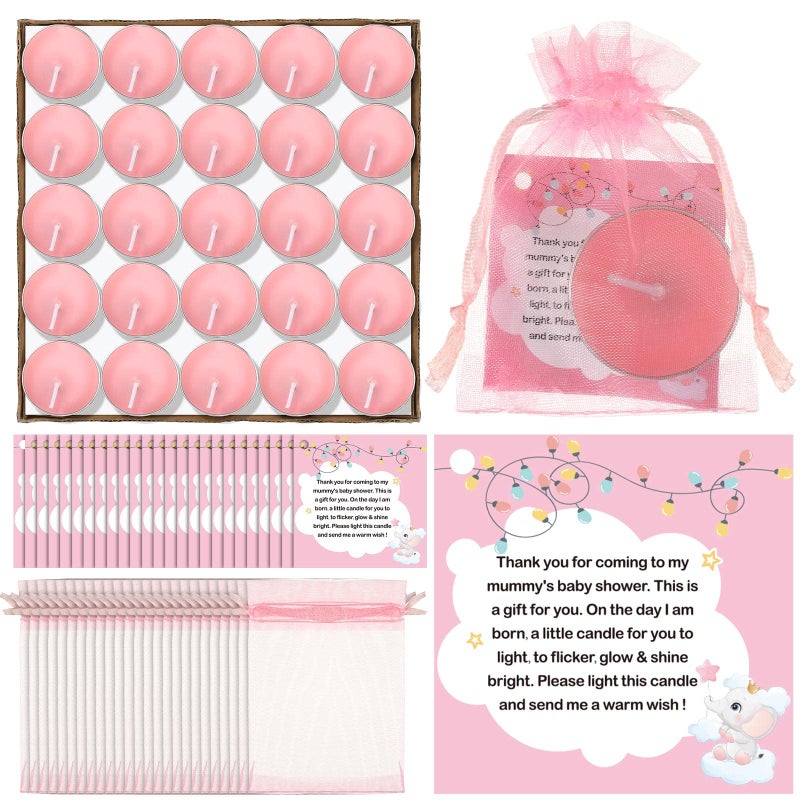 Sosation 50 Sets Baby Shower Favors 50 Pcs Tea Light Candles for Guests Baby Shower Candles with Thank Tags and Return Gift Bags Party Favors for Gender RevealPink