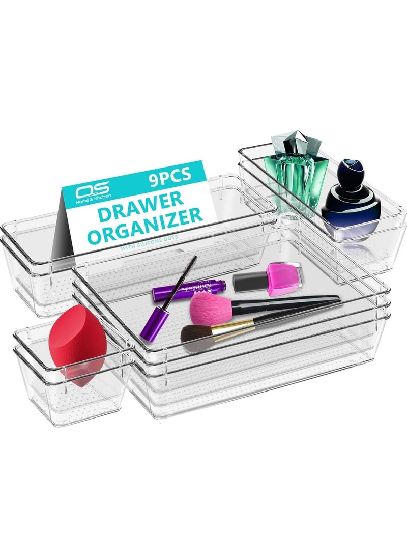Generic Set of 9 clear plastic drawer organizers, multi-size, organize drawers in bathroom, makeup, jewelry, kitchen and office.  - Image 1