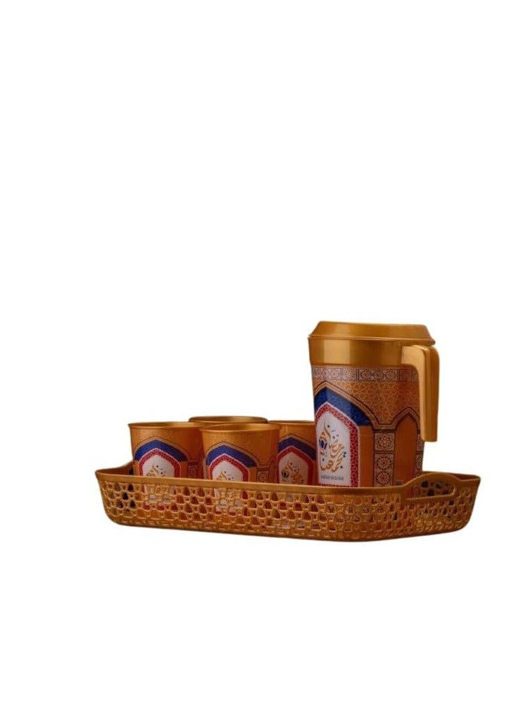 Jug Set + 4 Cups + Tray - Special Ramadan Design with Healthy Plastic Material OM (Gold)