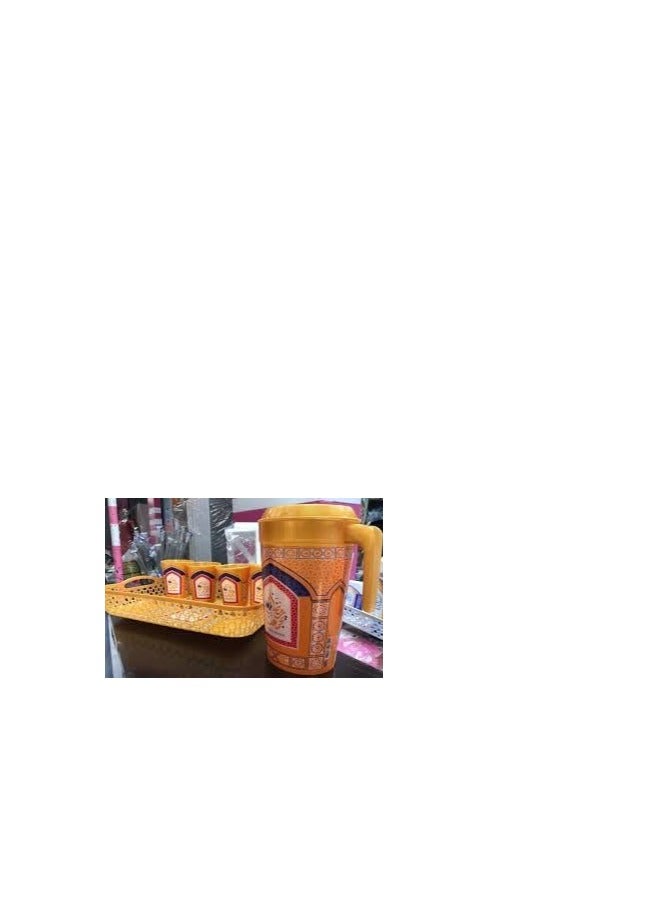 Jug Set + 4 Cups + Tray - Special Ramadan Design with Healthy Plastic Material OM (Gold)