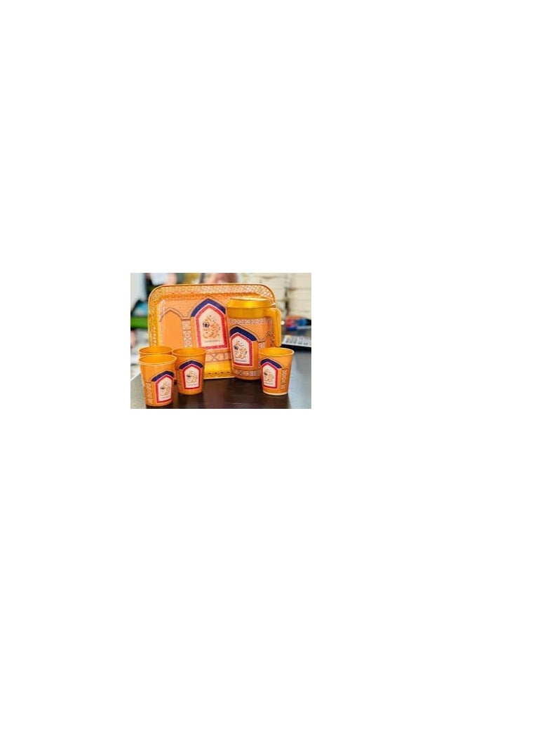 Jug Set + 4 Cups + Tray - Special Ramadan Design with Healthy Plastic Material OM (Gold)
