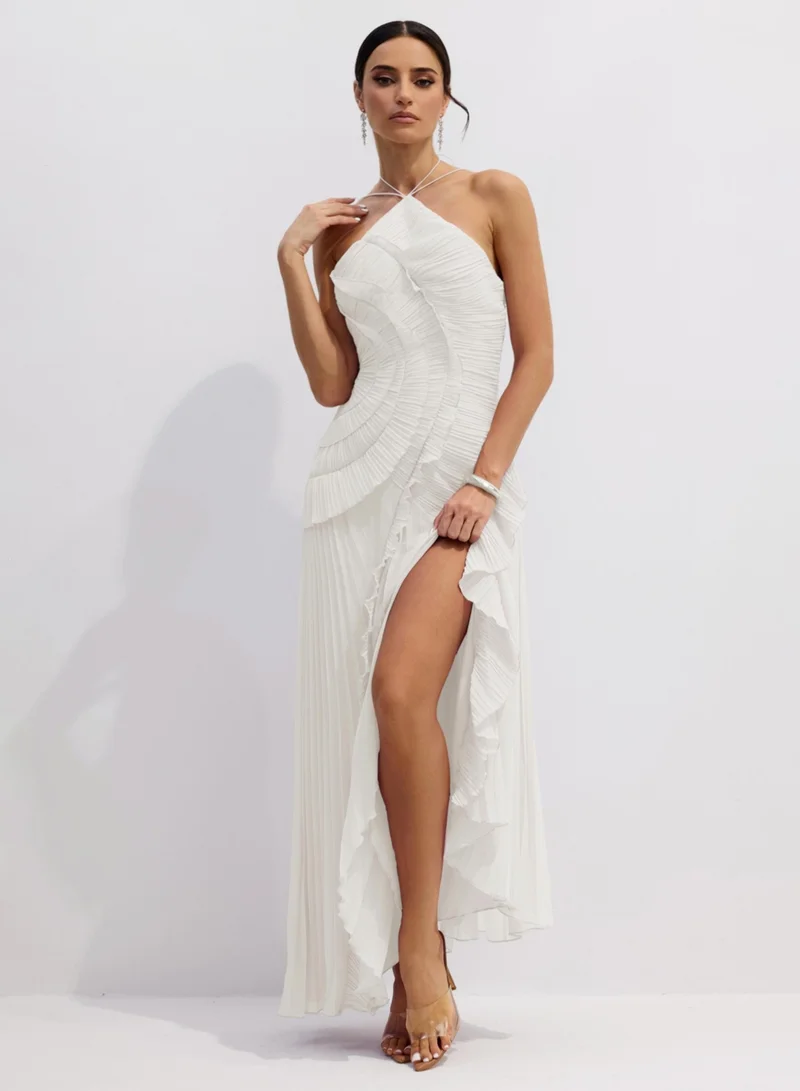 Sunfere White Nina Asymmetry Pleated Halterneck Midi Dress for Women | Best Price UAE