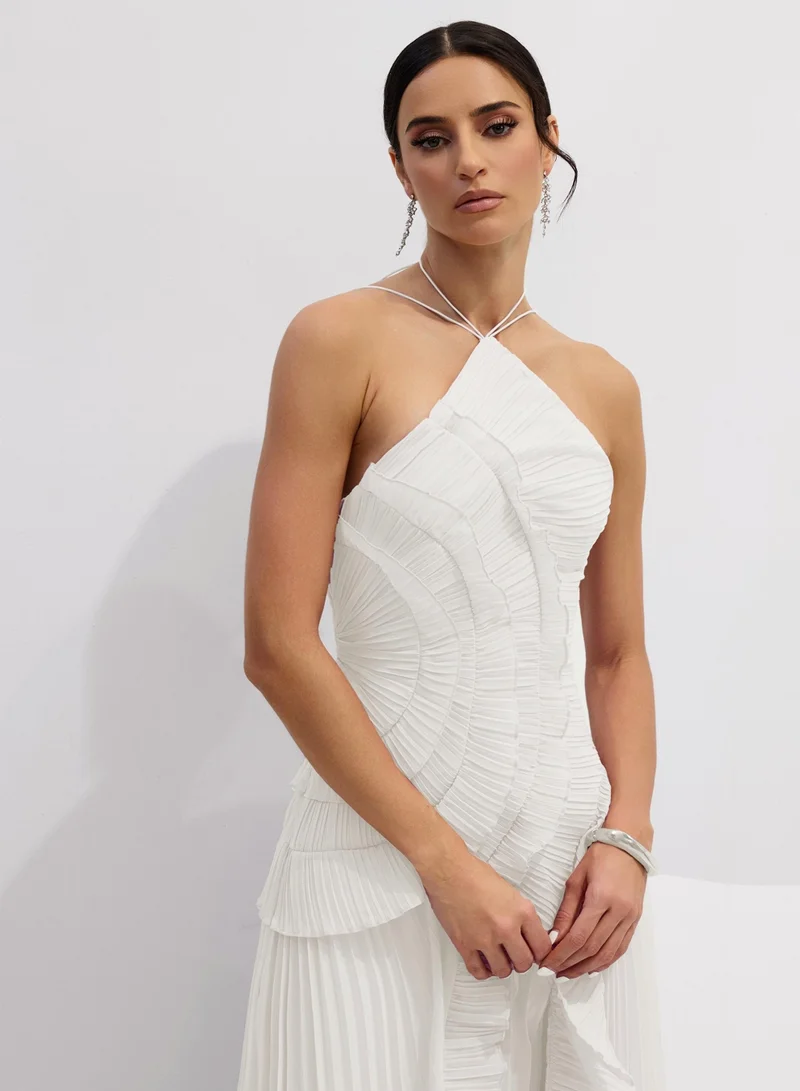 Sunfere White Nina Asymmetry Pleated Halterneck Midi Dress for Women | Best Price UAE