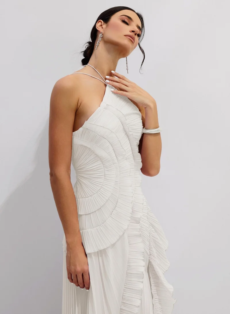 Sunfere White Nina Asymmetry Pleated Halterneck Midi Dress for Women | Best Price UAE
