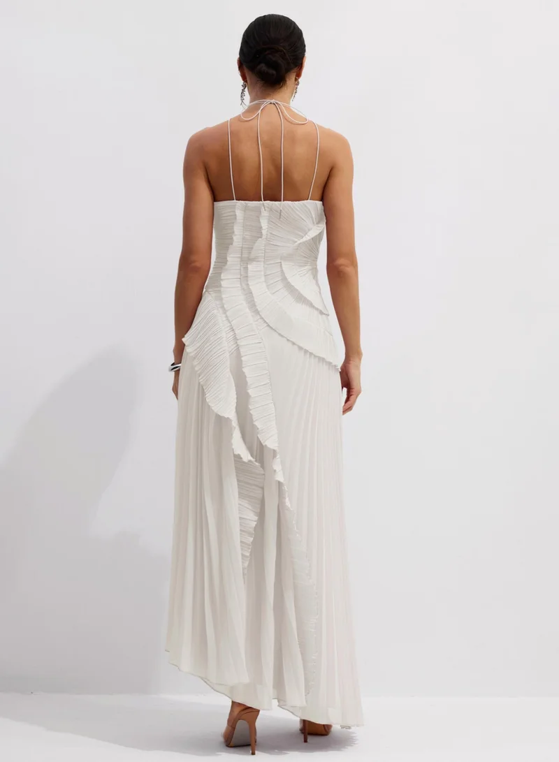 Sunfere White Nina Asymmetry Pleated Halterneck Midi Dress for Women | Best Price UAE