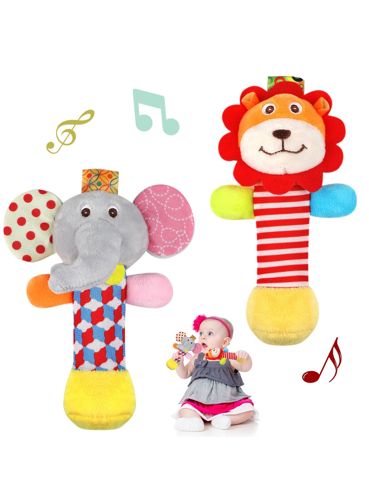Soft Baby Rattles, 2 Pack Plush Animal Rattle Toys for Babies 0-6 Months, First Baby Sensory Toy with Sound for 0 3 6 Month Infant Gift