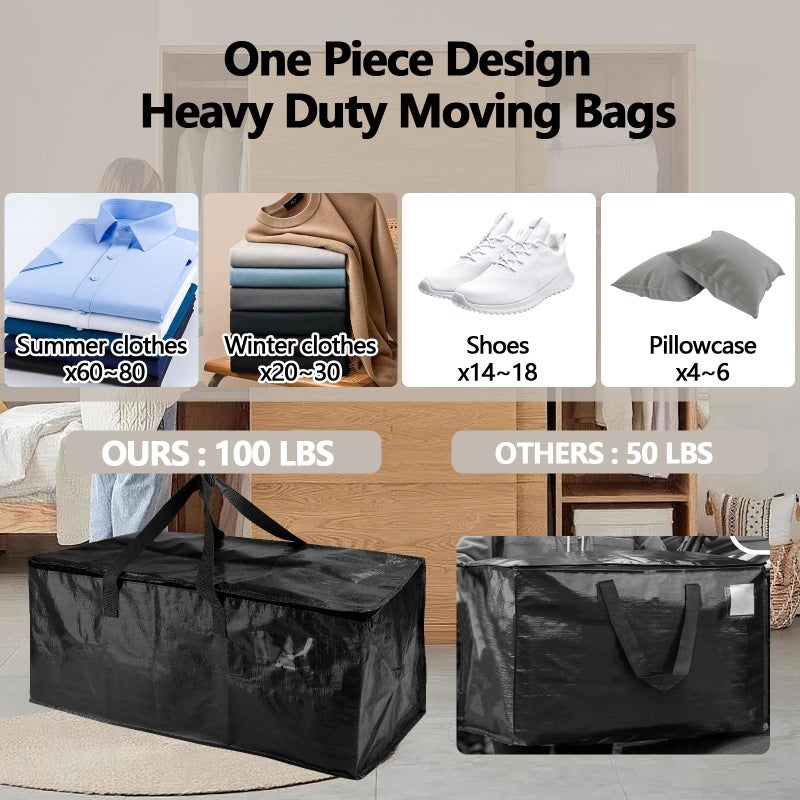 Demiwise 12 Pack Waterproof Moving Bags with Strong Zippers and Reinforced Handles, Real 100lb Capacity Extra Heavy Duty Large Storage Totes for Packing & Moving Storing, Alternative to Moving Boxes -95L,Black - Image 5