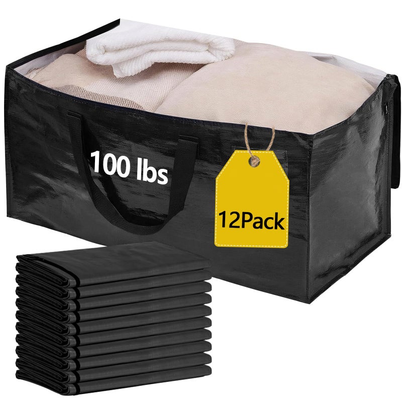 Demiwise 12 Pack Waterproof Moving Bags with Strong Zippers and Reinforced Handles, Real 100lb Capacity Extra Heavy Duty Large Storage Totes for Packing & Moving Storing, Alternative to Moving Boxes -95L,Black - Image 1