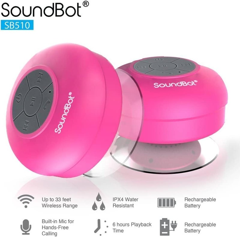 SoundBot مكبر صوت بلوتوث مقاوم للماء SB510 HD، مكبر صوت محمول مع ميكروفون مدمج، 6 ساعات من وقت التشغيل، أزرار تحكم وكوب شفط مخصص للاستحمام (وردي) - Image 5