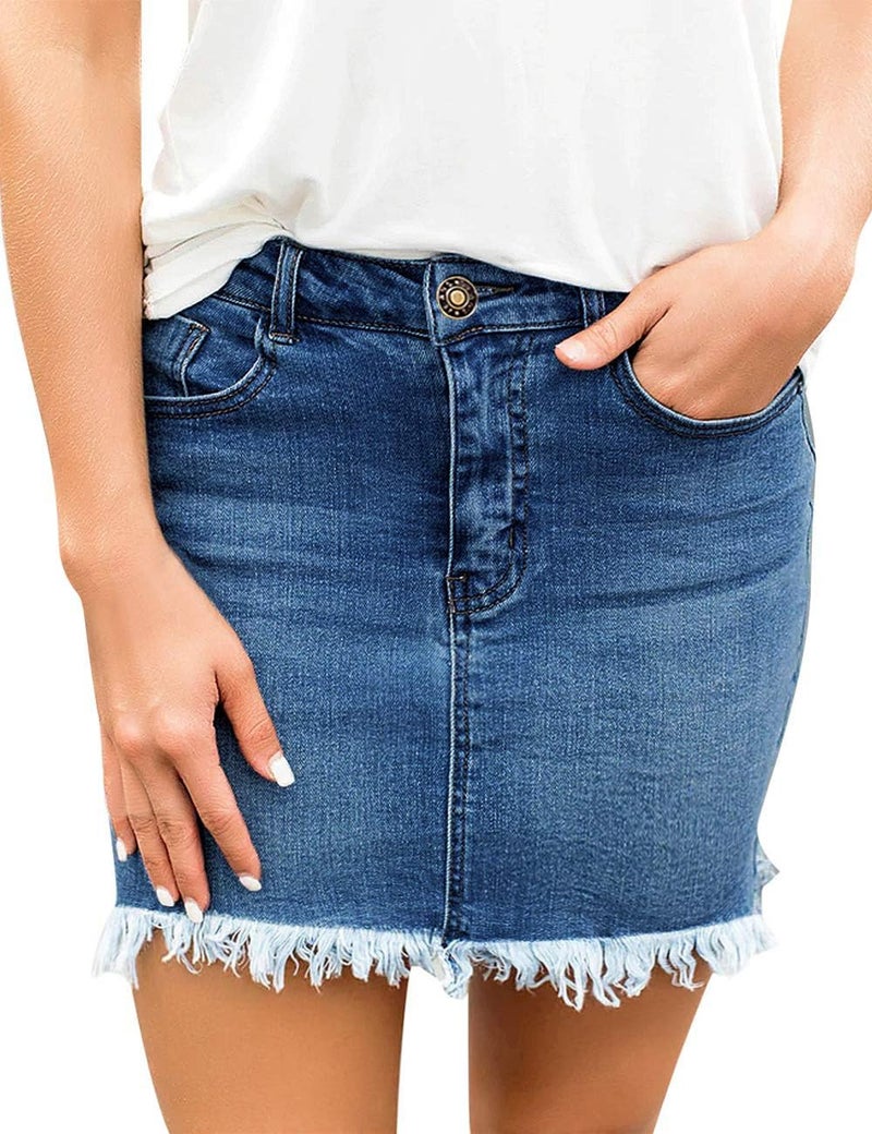 luvamia Women's Casual Mid Waisted Washed Fringed Pockets Denim Jean Short Skirt Blue Size Large - Image 1