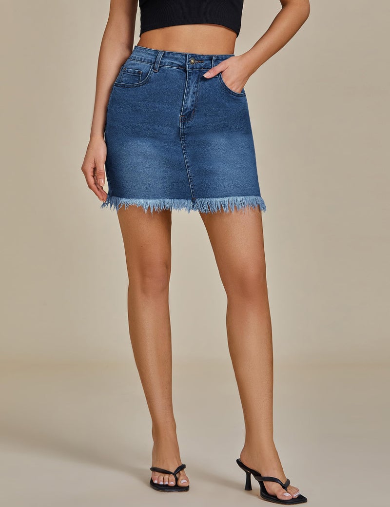 luvamia Women's Casual Mid Waisted Washed Fringed Pockets Denim Jean Short Skirt Blue Size Large - Image 3