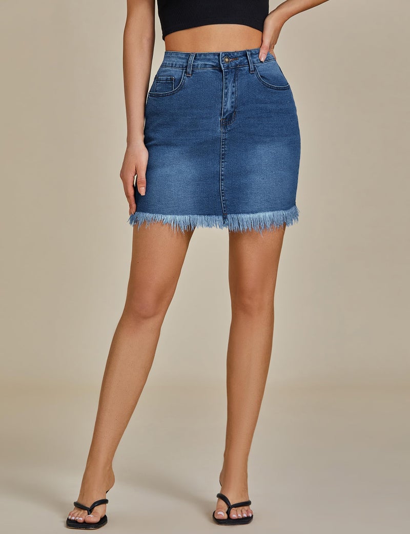 luvamia Women's Casual Mid Waisted Washed Fringed Pockets Denim Jean Short Skirt Blue Size Large - Image 4