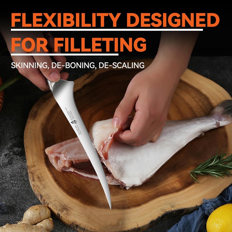 TUO Fillet Knife, 7 Inch Professional Fish Boning Knife for Trimming Meat & Poultry, Flexible Blade, High Carbon German Steel, Ergonomic Handle - Fiery Phoenix Series - Image 2