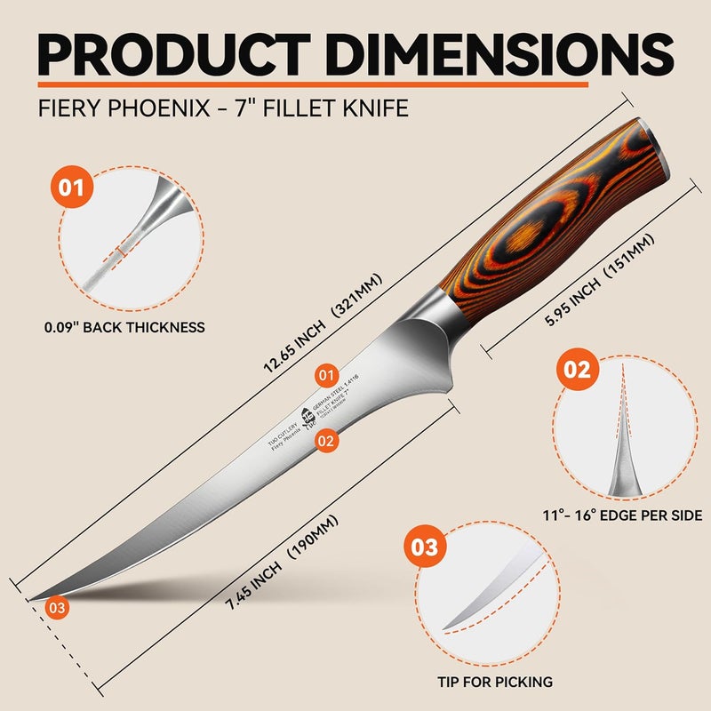 TUO Fillet Knife, 7 Inch Professional Fish Boning Knife for Trimming Meat & Poultry, Flexible Blade, High Carbon German Steel, Ergonomic Handle - Fiery Phoenix Series - Image 3