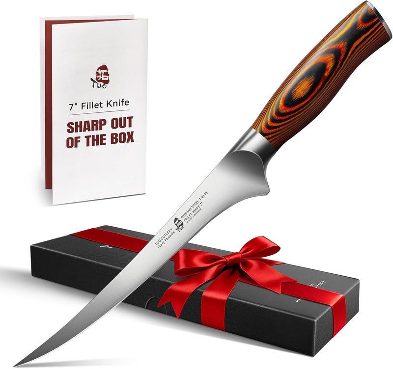 TUO Fillet Knife, 7 Inch Professional Fish Boning Knife for Trimming Meat & Poultry, Flexible Blade, High Carbon German Steel, Ergonomic Handle - Fiery Phoenix Series - Image 1