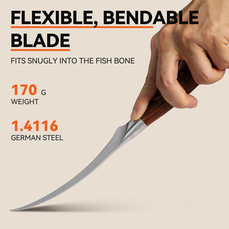 TUO Fillet Knife, 7 Inch Professional Fish Boning Knife for Trimming Meat & Poultry, Flexible Blade, High Carbon German Steel, Ergonomic Handle - Fiery Phoenix Series - Image 5