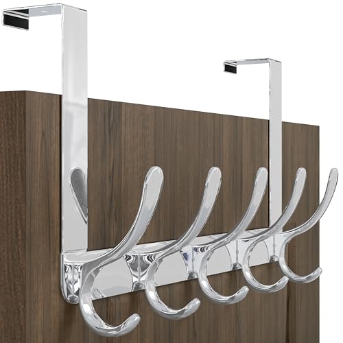 WEBI Over The Door Hook 5 Coat Hooks,Over The Door Towel Rack,Door Hanger Over Door Coat Rack for Hanging Towels,Clothes,Bathroom,Chrome - Image 1