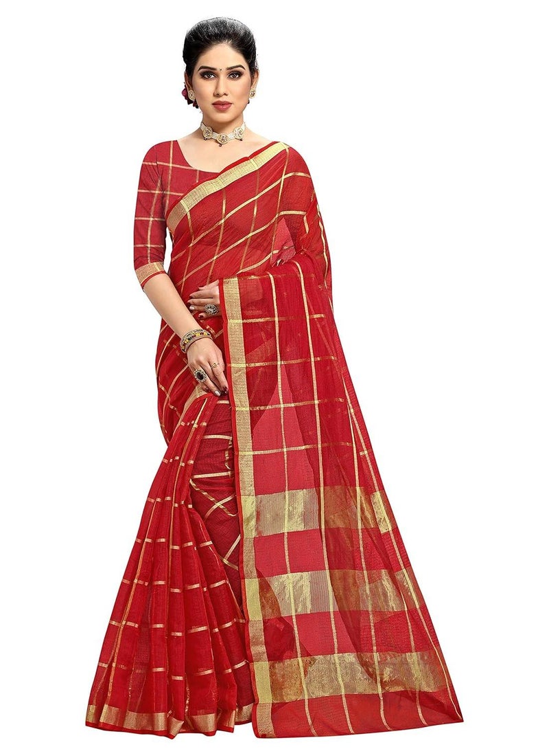 Sidhidata ساري سيدهيداتا النسائي الأحمر من قطن كوتا دوريا مع قطعة بلوزة غير مخيطة - Image 1