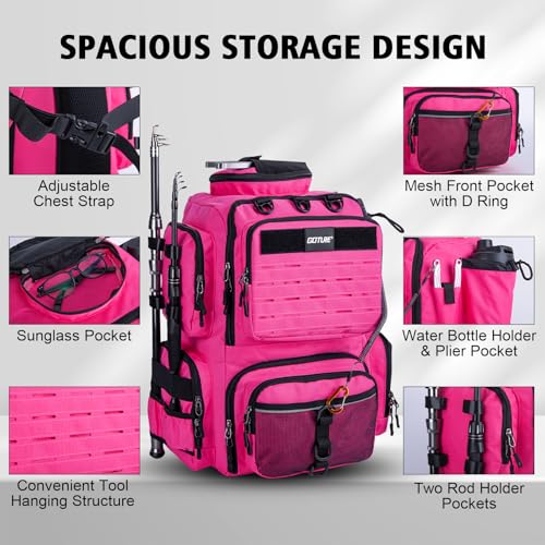 Goture Fishing Backpack 900D WaterResistant Tackle Backpack with Rod Holders 45L Large Fishing Bag Storage Gear Tackle Bag with 8 Lure Pockets Rain Cover for Camping HikingWithout Tackle Box - Image 3