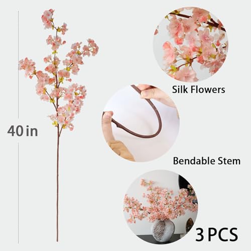 mizii 3Pcs Artificial Pink Cherry Blossom Branches 40 Fake Silk Cherry Blossoms Flowers with Long Stem for Wedding Decorations Table Centerpieces Vase Arrangement Home Decor Pink - Image 3