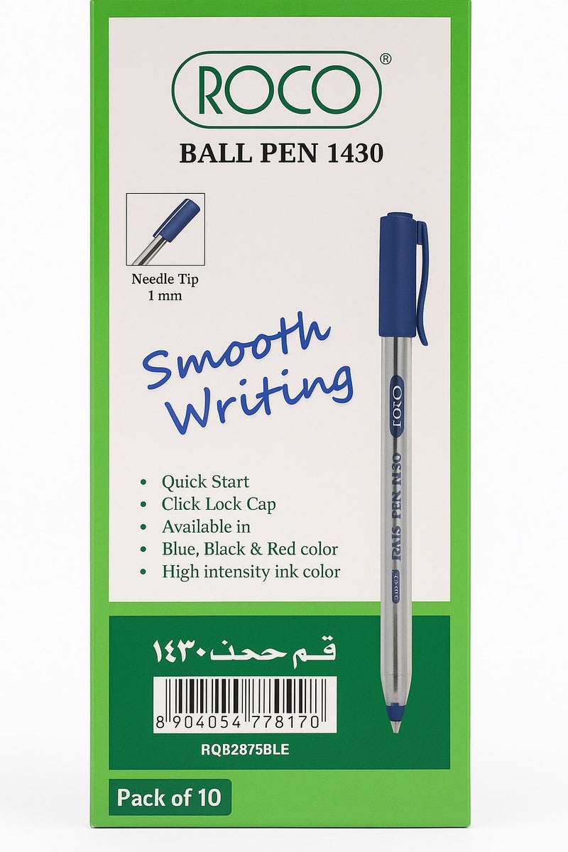 ROCO ROCO Ball Pen 1430 – 10-Pack | 1mm Needle Tip | Smooth Blue Ink | Quick Start & Click Lock Cap – Ideal for Office, School & Daily Writing  - Image 1