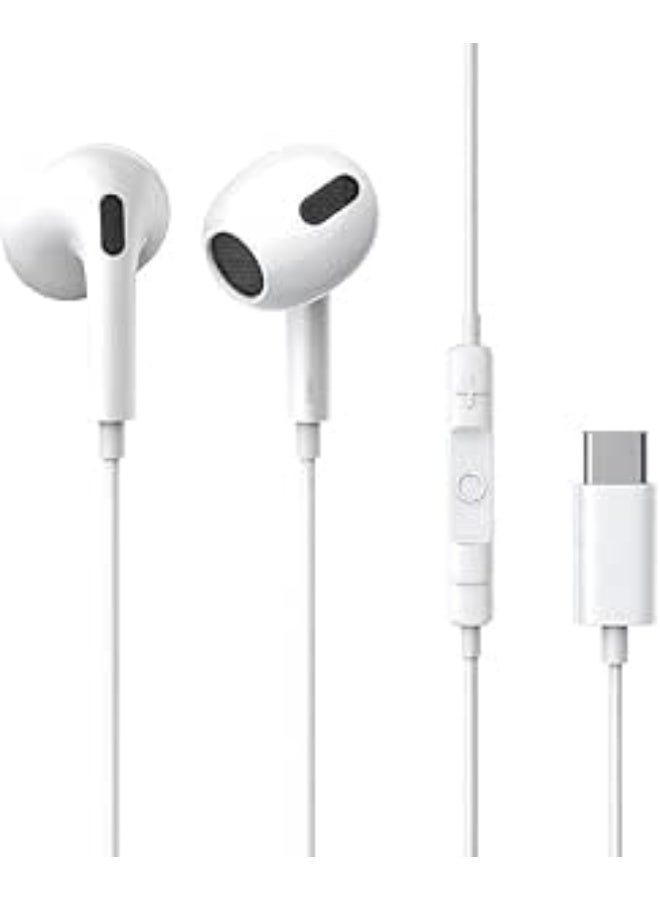 USB Type-C in-ear headphones with microphone and volume control, noise reduction technology, and Hi-Fi stereo sound quality, compatible with smartphones and all devices with a Type-C port, in white. - Image 1