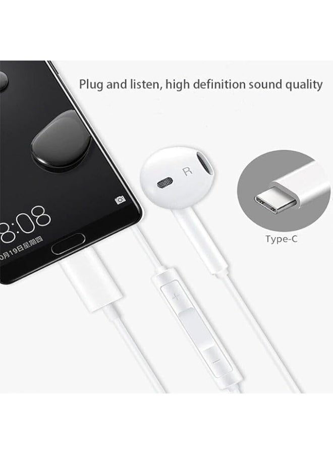 USB Type-C in-ear headphones with microphone and volume control, noise reduction technology, and Hi-Fi stereo sound quality, compatible with smartphones and all devices with a Type-C port, in white. - Image 2