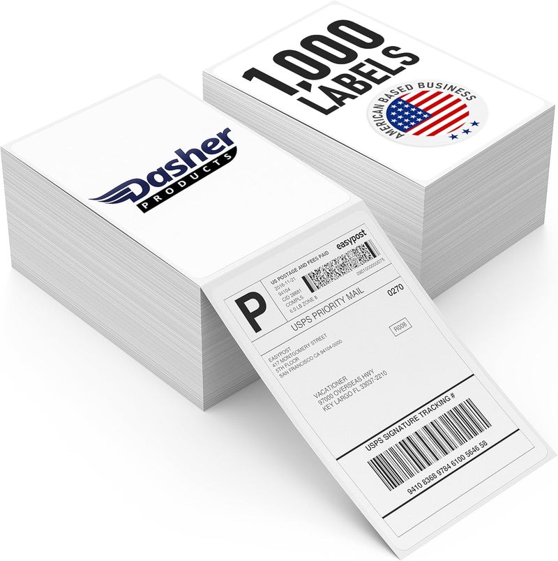 Dasher Products Thermal Shipping Labels 4x6, 1000 Labels/2 Stacks (500 per Stack) Commercial Grade with Permanent Adhesive, Fanfold Direct Thermal Printer Label Compatible with Zebra, Rollo, iDRPT, Polono, MUNBYN - Image 1