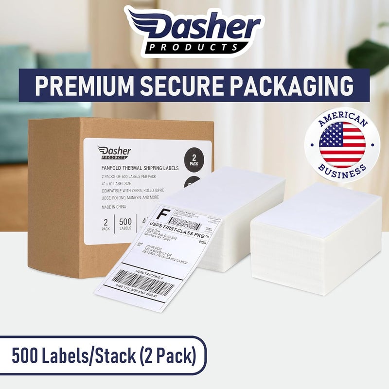 Dasher Products Thermal Shipping Labels 4x6, 1000 Labels/2 Stacks (500 per Stack) Commercial Grade with Permanent Adhesive, Fanfold Direct Thermal Printer Label Compatible with Zebra, Rollo, iDRPT, Polono, MUNBYN - Image 2