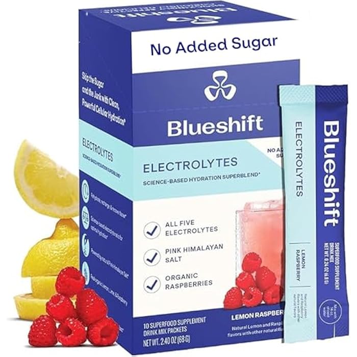 Blueshift Electrolytes - Natural Electrolytes Powder Packets, Organic Hydration Packets, Electrolyte Drink Mix Sticks with No Sugar, Single Serve Pack - Lemon Raspberry Flavor, Powder Sticks (10 Pack) - Image 1