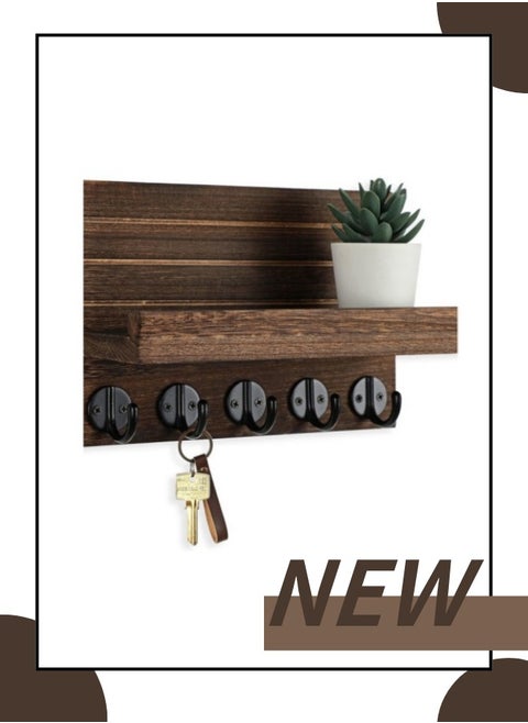 25x17cm Dark Wood color Key Holder for Wall, Decorative Key and Mail Holder with Shelf Has Large Hooks for Bags, Coats, Umbrella – Paulownia Wood Key Hanger with Mounting Hardware