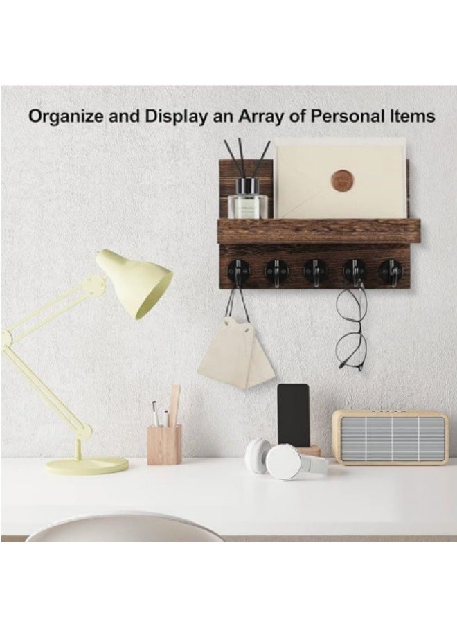 ViveLifDeco - 25x17cm Dark Wood color Key Holder for Wall, Decorative Key and Mail Holder with Shelf Has Large Hooks for Bags, Coats, Umbrella – Paulownia Wood Key Hanger with Mounting Hardware - Image 1